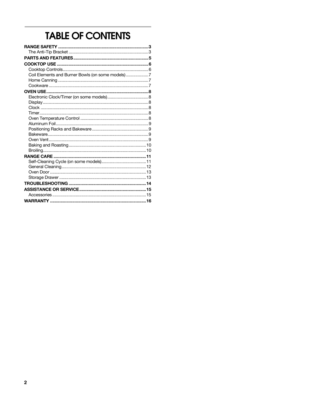 Whirlpool W10162215A manual Table of Contents 