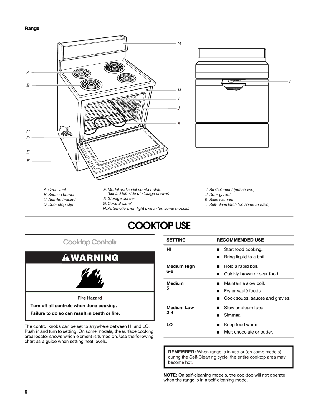 Whirlpool W10162215A manual Cooktop USE, Cooktop Controls, Range, Setting Recommended USE 