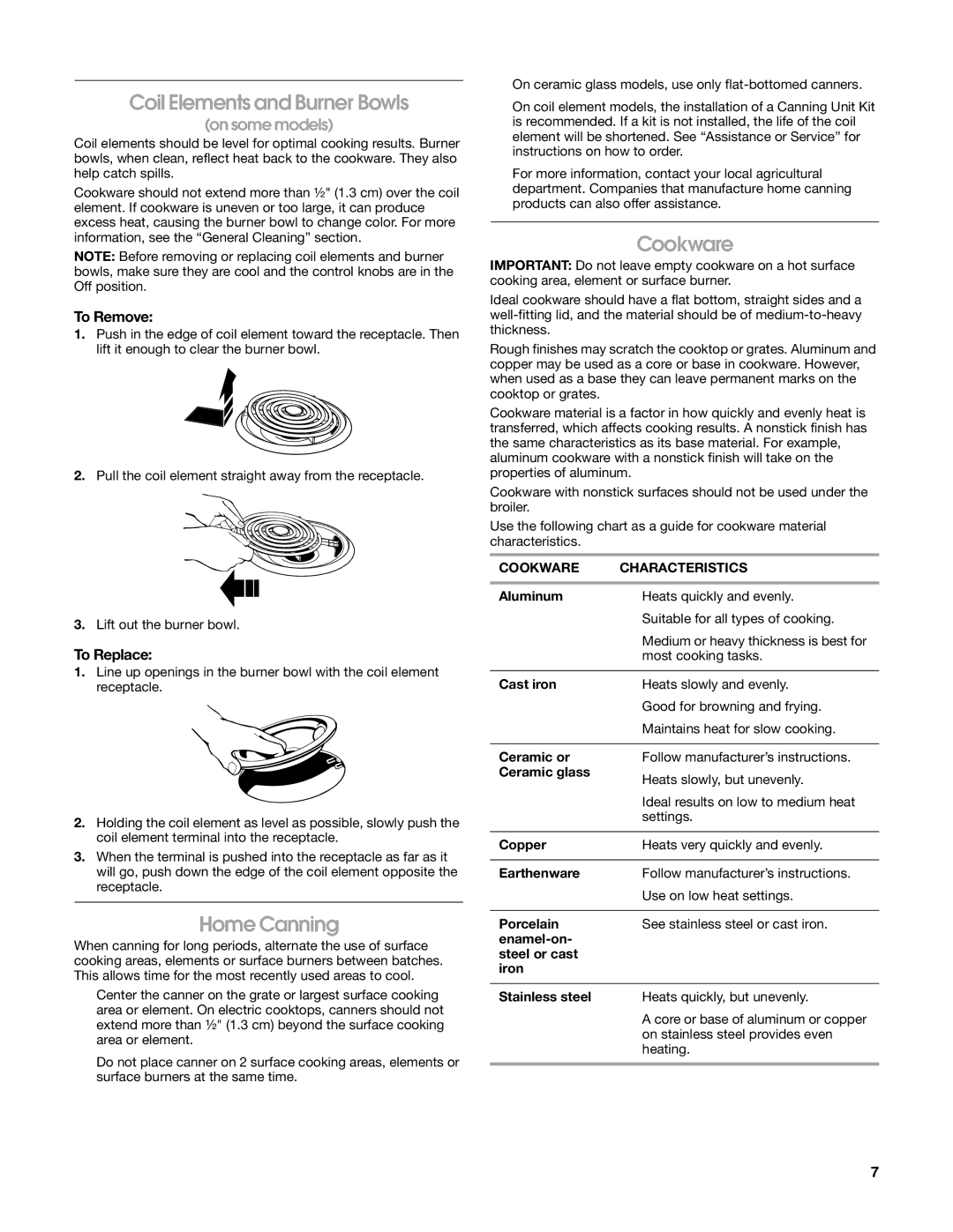 Whirlpool W10162215A manual Coil Elements and Burner Bowls, Home Canning, Cookware, To Remove, To Replace 