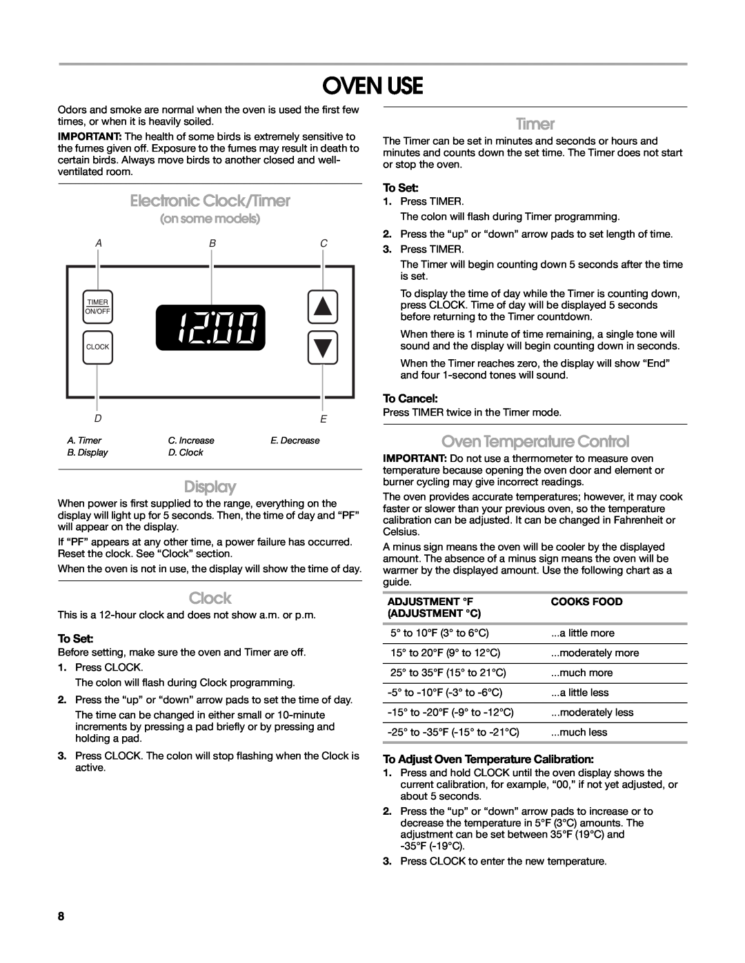 Whirlpool W10162215A manual Oven Use, Electronic Clock/Timer, Display, Oven Temperature Control, To Set, To Cancel 