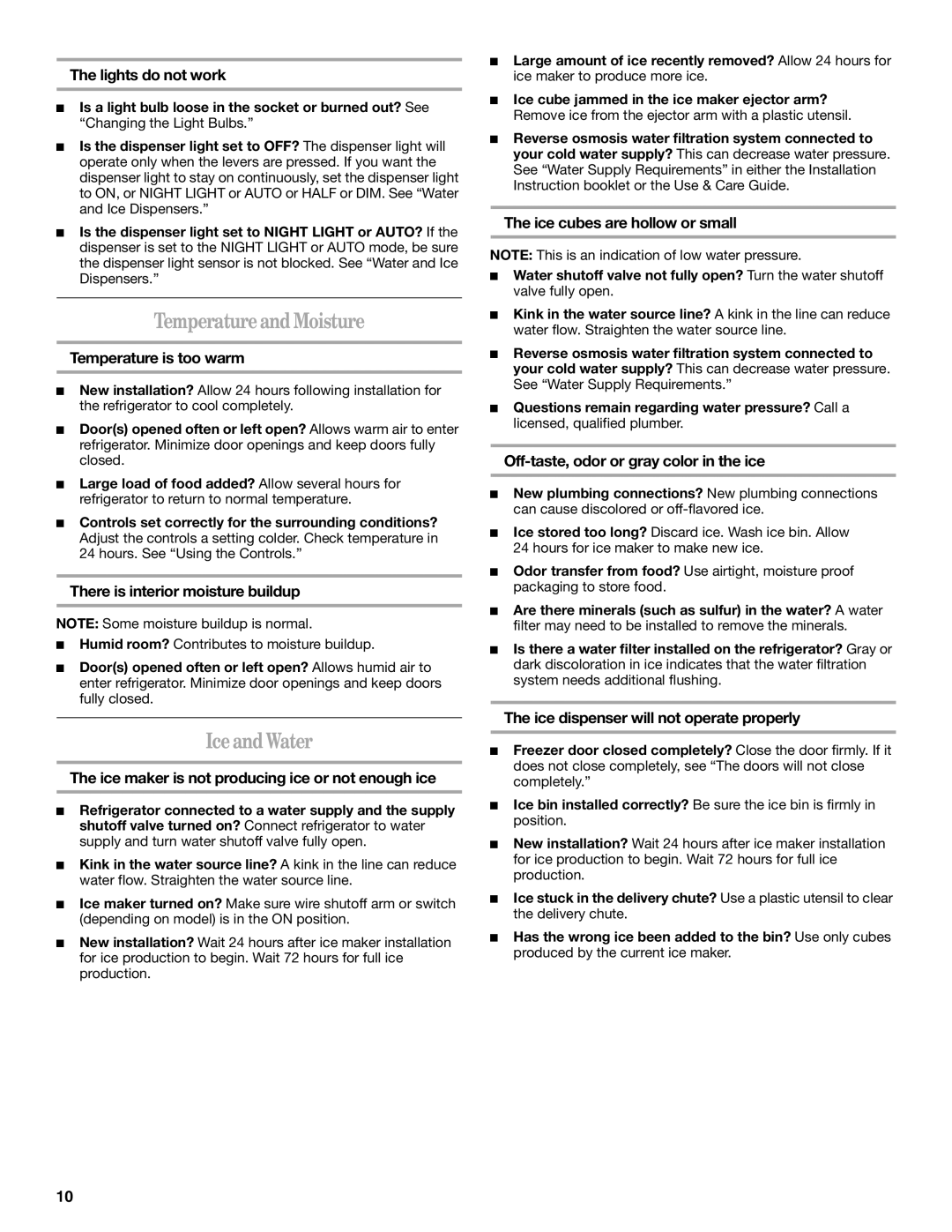 Whirlpool W10162444A, W10162445A installation instructions Temperature and Moisture, Iceand Water 