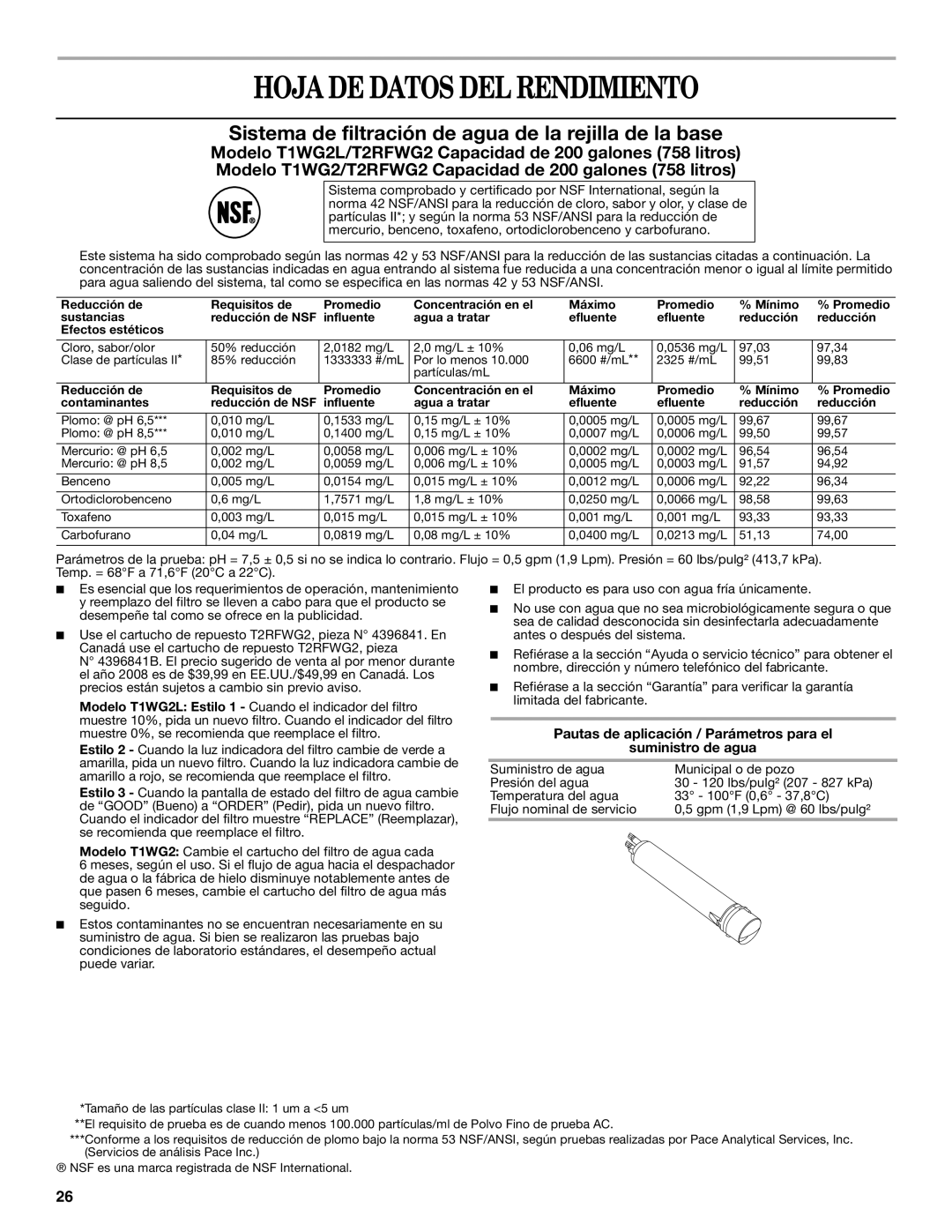 Whirlpool W10162444A Hoja DE Datos DEL Rendimiento, Pautas de aplicación / Parámetros para el Suministro de agua 