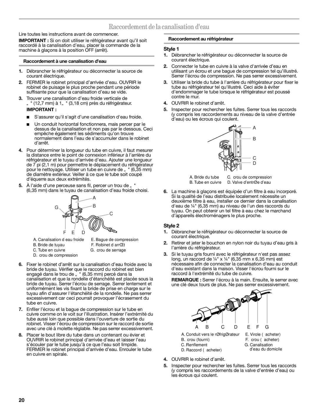 Whirlpool W10162450A, W10162451A Raccordement de la canalisation deau, Raccordement à une canalisation d’eau 