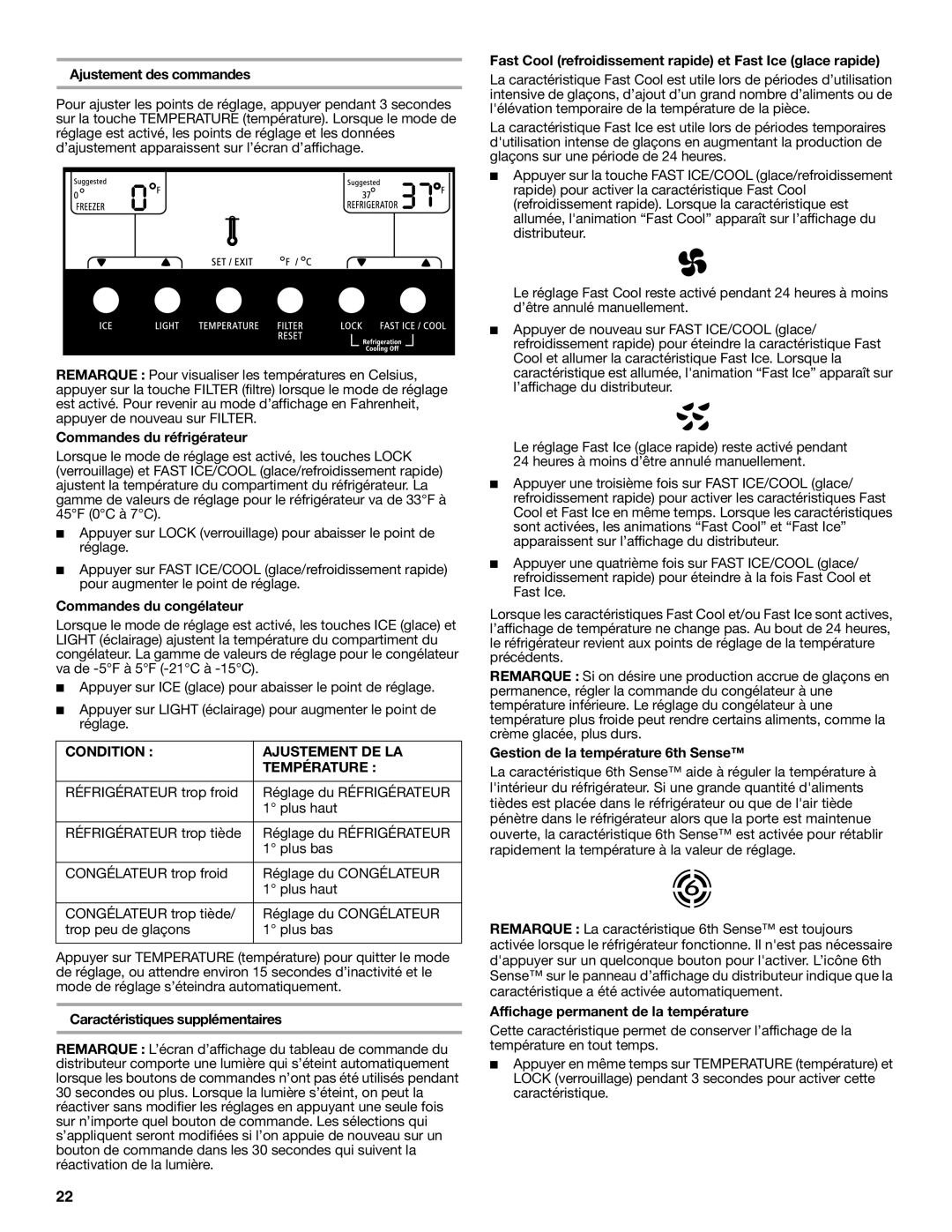 Whirlpool W10162450A, W10162451A installation instructions Condition Ajustement DE LA Température 