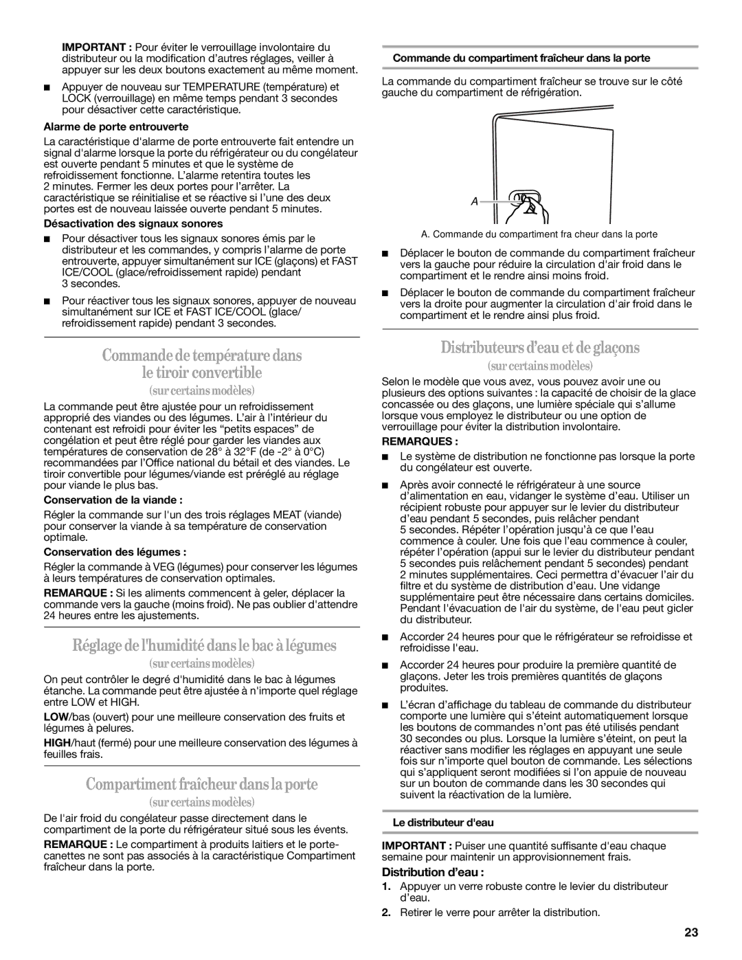 Whirlpool W10162451A, W10162450A Commande de température dans Le tiroir convertible, Compartiment fraîcheur dansla porte 