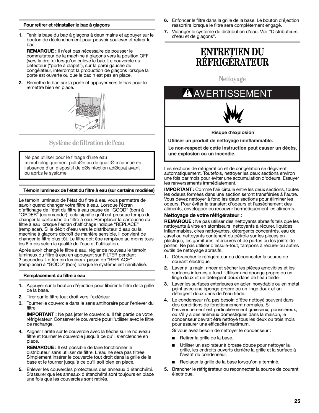 Whirlpool W10162451A Entretien DU Réfrigérateur, Système de filtrationde leau, Nettoyage de votre réfrigérateur 