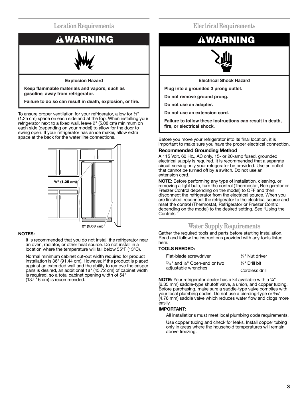 Whirlpool W10162451A, W10162450A LocationRequirements, Electrical Requirements, Water Supply Requirements, Tools Needed 