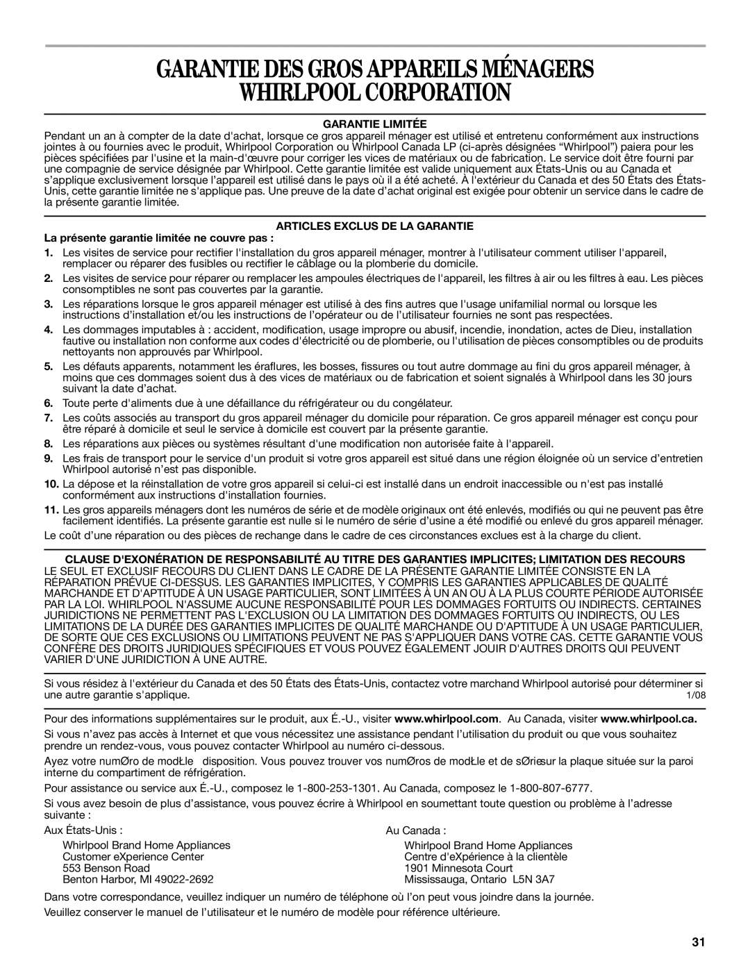 Whirlpool W10162451A, W10162450A Garantie DES Gros Appareils Ménagers Whirlpool Corporation, Garantie Limitée 