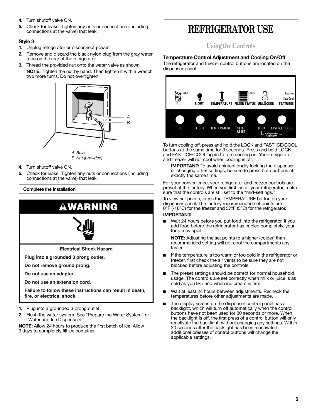 Whirlpool W10162451A, W10162450A Refrigerator USE, Using theControls, Temperature Control Adjustment and Cooling On/Off 