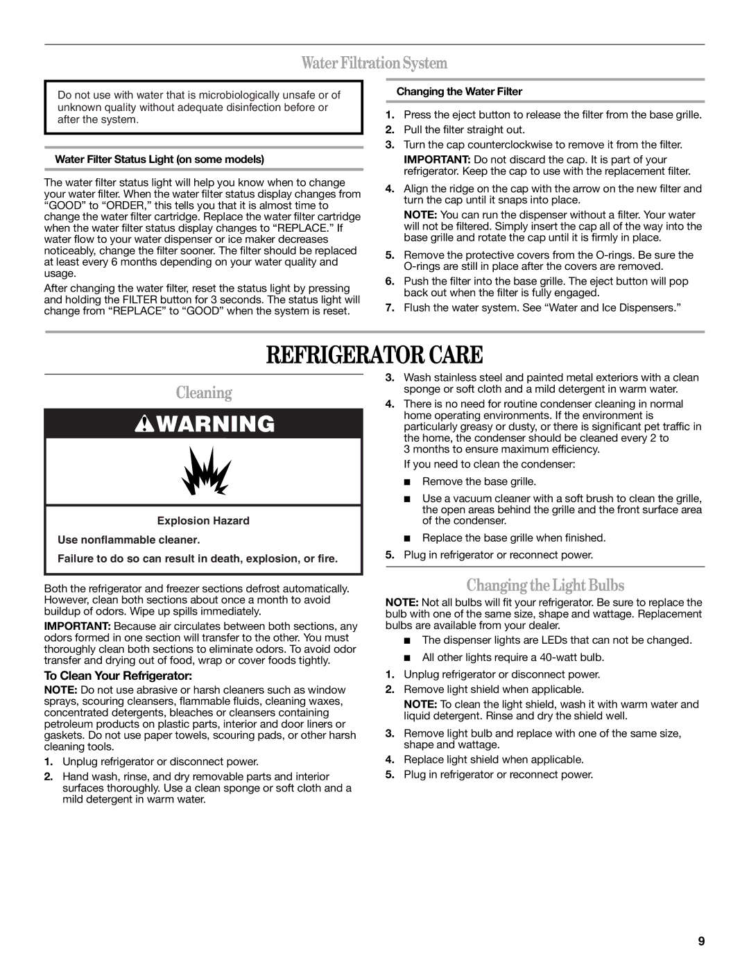 Whirlpool W10162451A, W10162450A Refrigerator Care, Water FiltrationSystem, Cleaning, Changing the Light Bulbs 