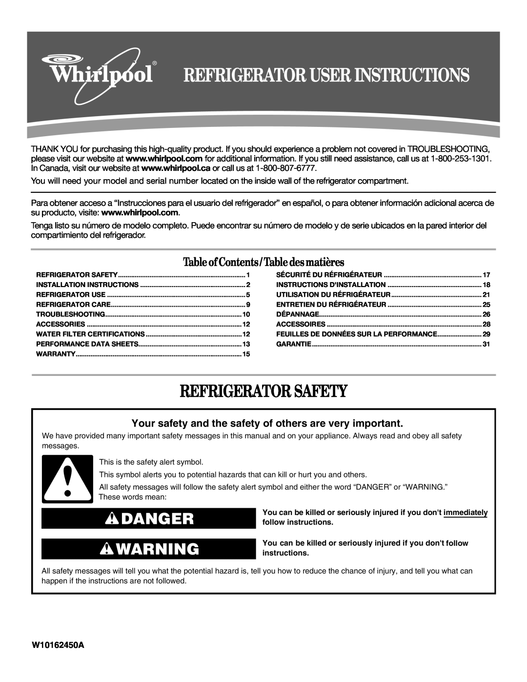 Whirlpool W10162451A installation instructions Refrigerator Safety, Danger, Table of Contents / Table desmatières 