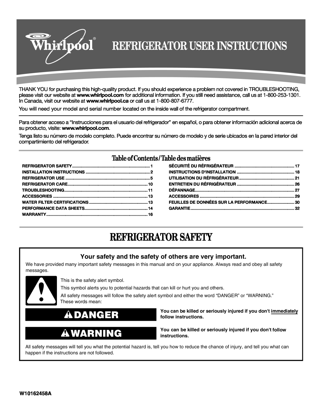 Whirlpool W10162458A installation instructions Refrigerator Safety, Danger, Table of Contents / Table desmatières 