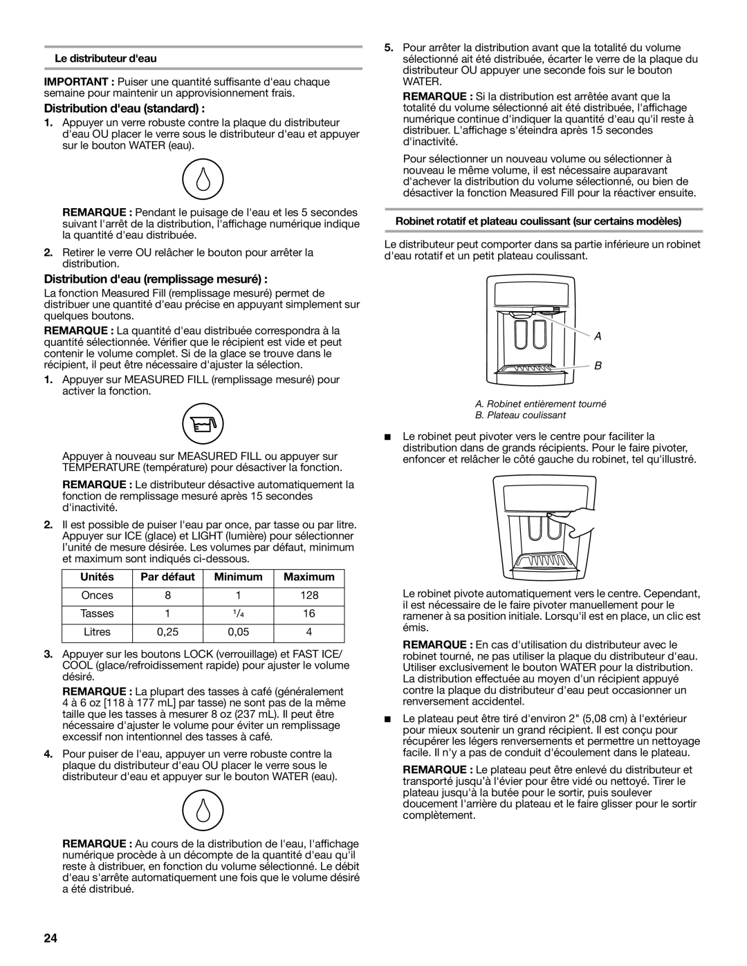 Whirlpool W10162459A, W10162458A installation instructions Le distributeur deau, Unités, Par défaut, Minimum, Maximum 