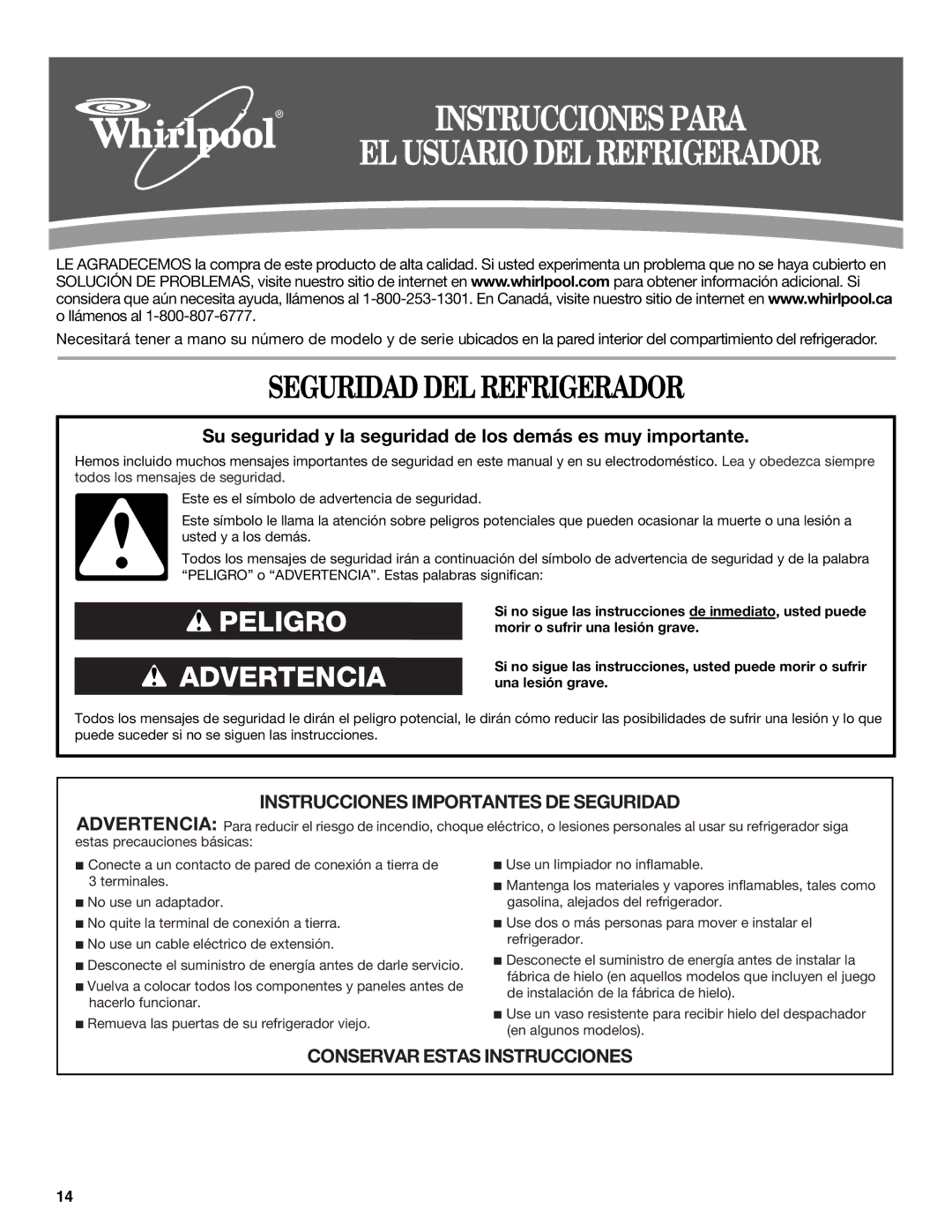 Whirlpool W10167096A, W10167111A installation instructions Seguridad DEL Refrigerador, EL Usuario DEL Refrigerador 