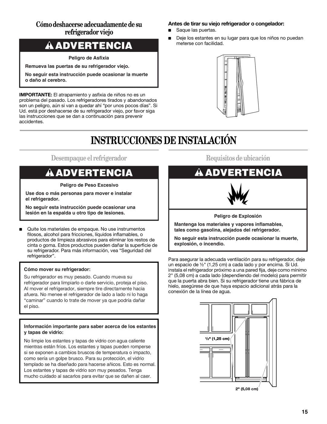 Whirlpool W10167111A, W10167096A Instrucciones DE Instalación, Desempaque el refrigerador, Requisitos de ubicación 