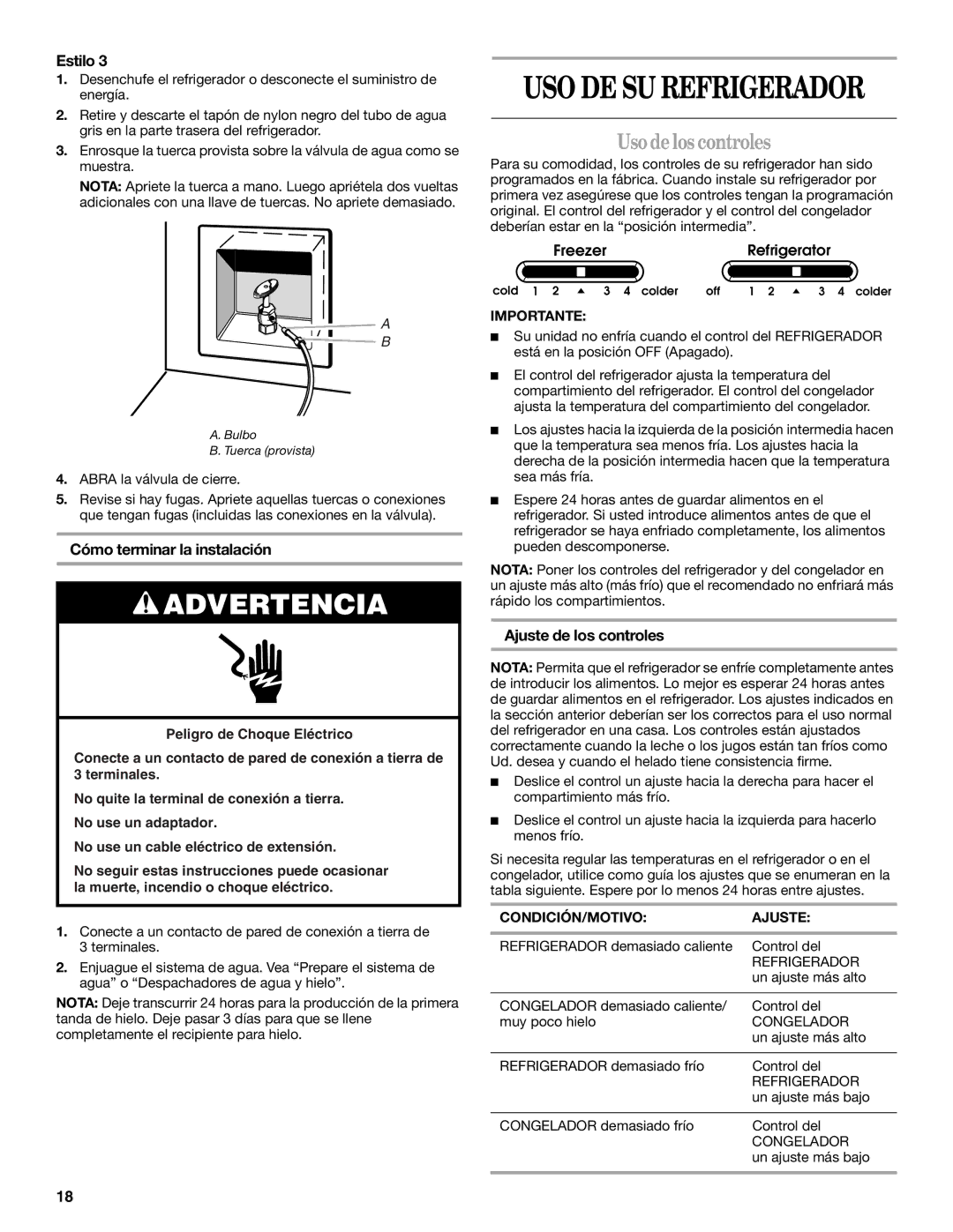 Whirlpool W10167096A Uso de los controles, Cómo terminar la instalación, Ajuste de los controles, CONDICIÓN/MOTIVO Ajuste 