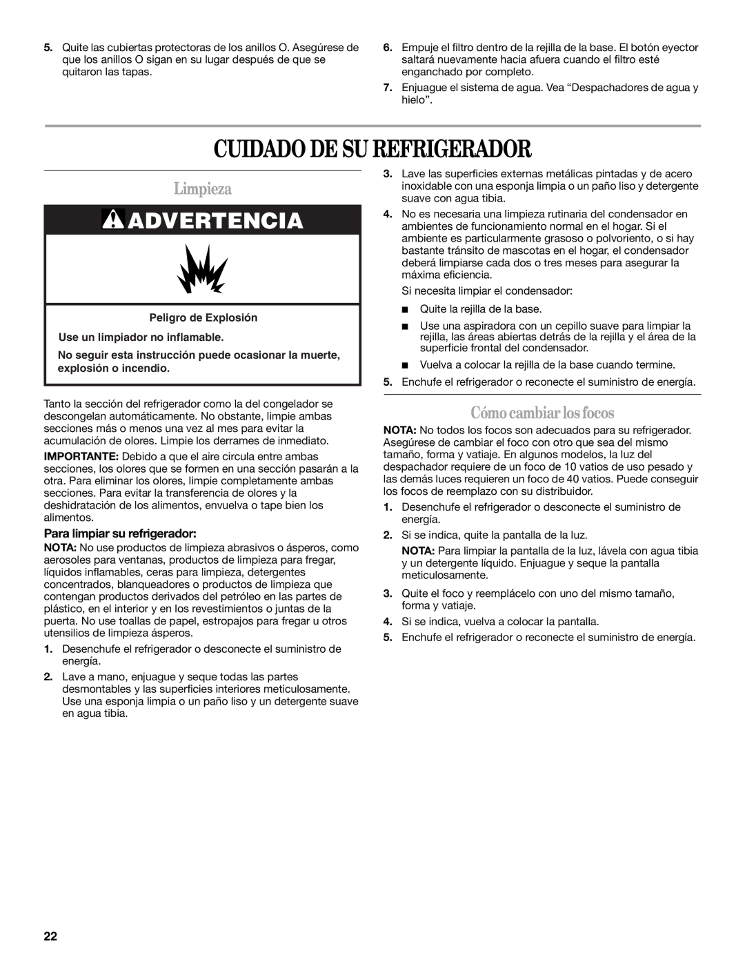 Whirlpool W10167096A Cuidado DE SU Refrigerador, Limpieza, Cómo cambiar los focos, Para limpiar su refrigerador 