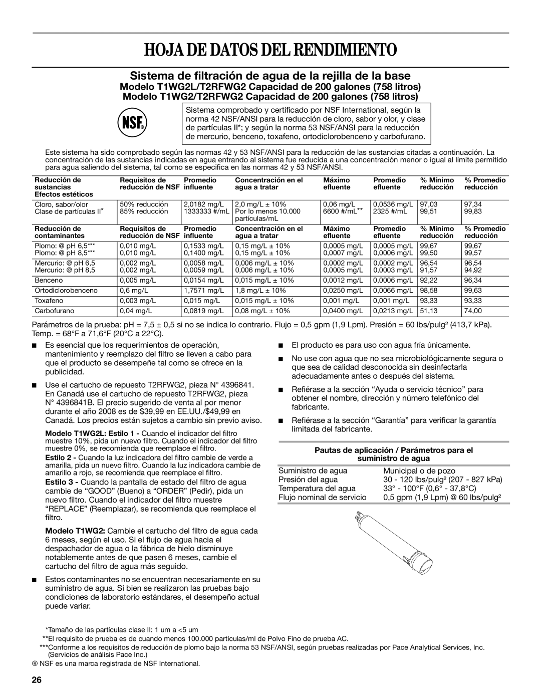 Whirlpool W10167096A Hoja DE Datos DEL Rendimiento, Pautas de aplicación / Parámetros para el Suministro de agua 