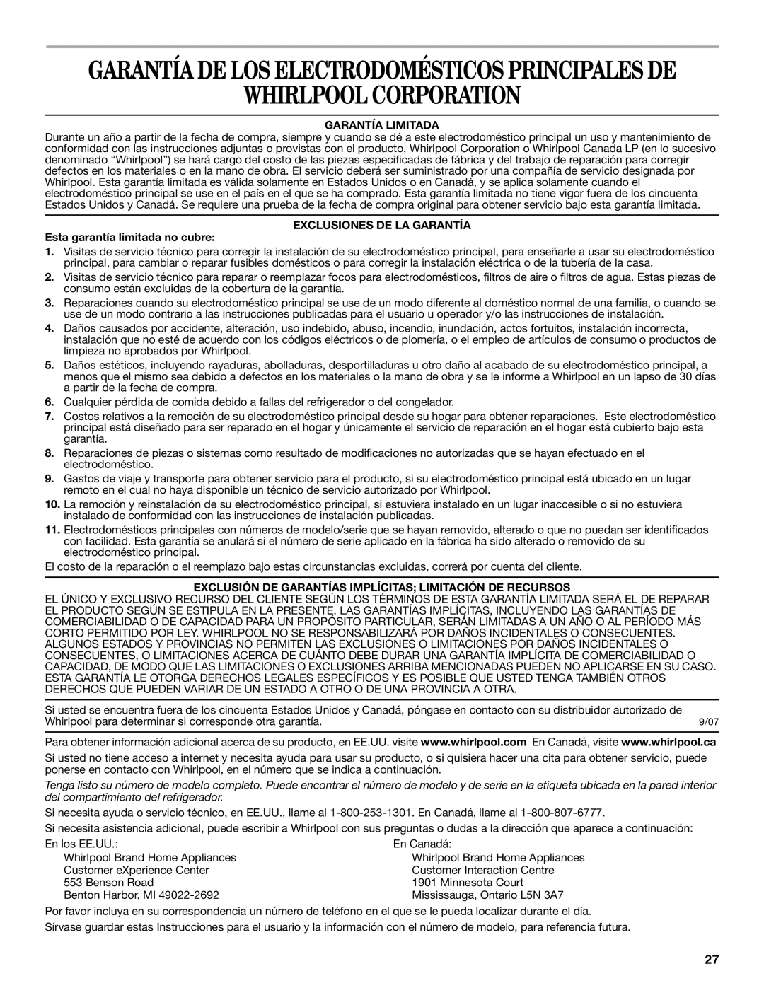 Whirlpool W10167111A Whirlpool Corporation, Garantía Limitada, Exclusiones DE LA Garantía, Esta garantía limitada no cubre 