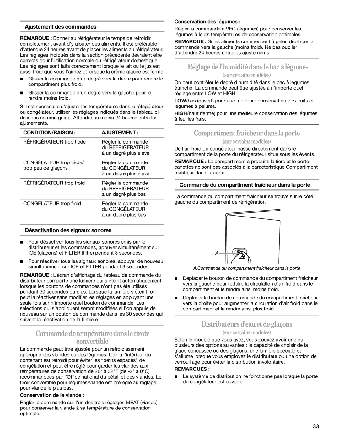 Whirlpool W10167111A, W10167096A Réglage de lhumidité dans lebac à légumes, Compartiment fraîcheur dans la porte 