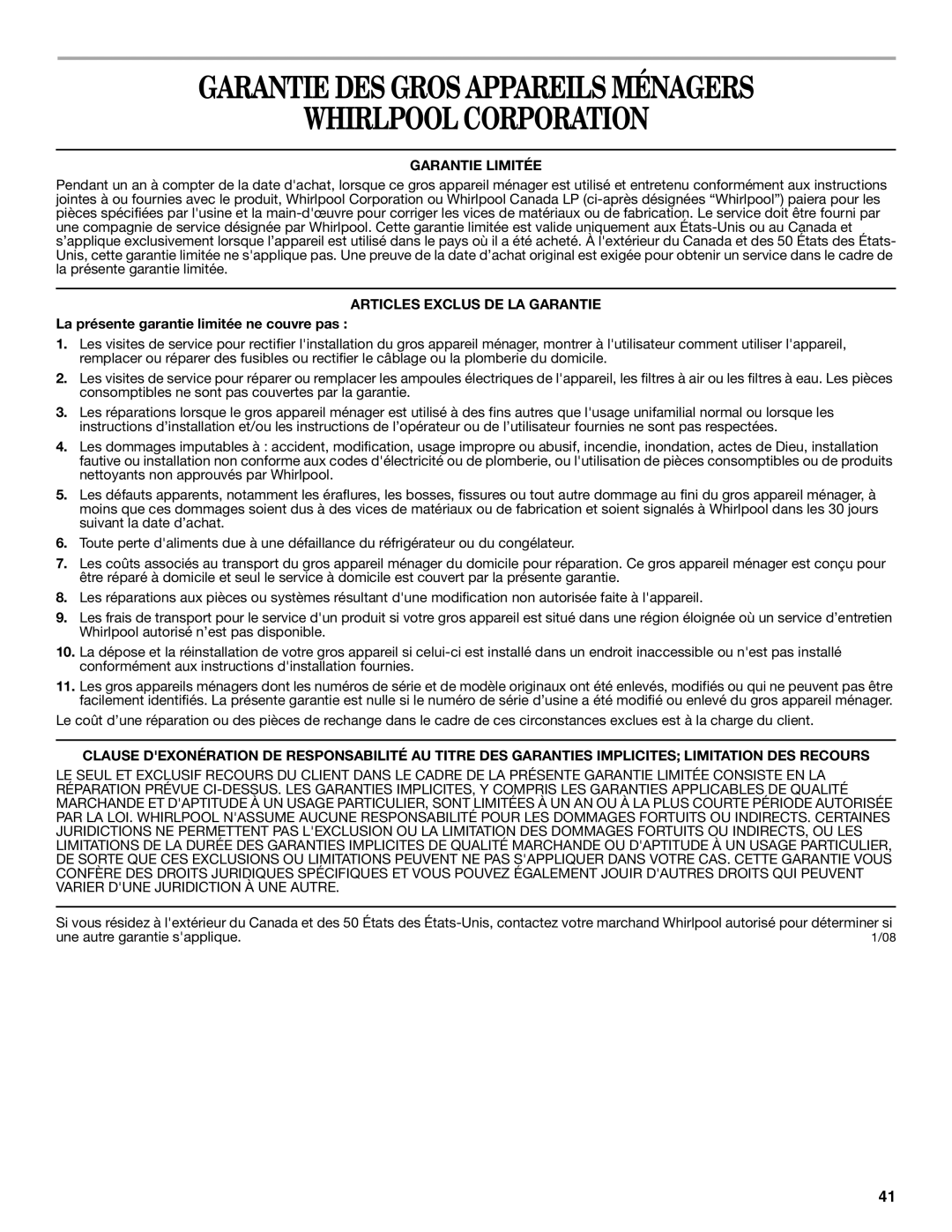 Whirlpool W10167111A, W10167096A Garantie DES Gros Appareils Ménagers Whirlpool Corporation, Garantie Limitée 