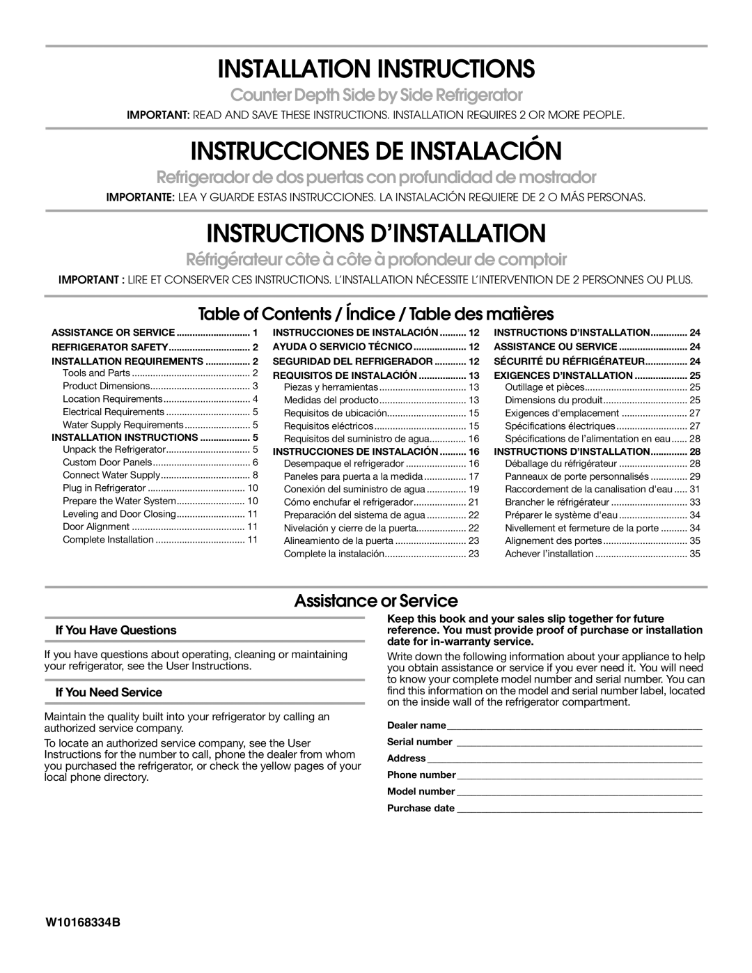 Whirlpool W10168334B installation instructions Installation Instructions, Instrucciones DE Instalación 