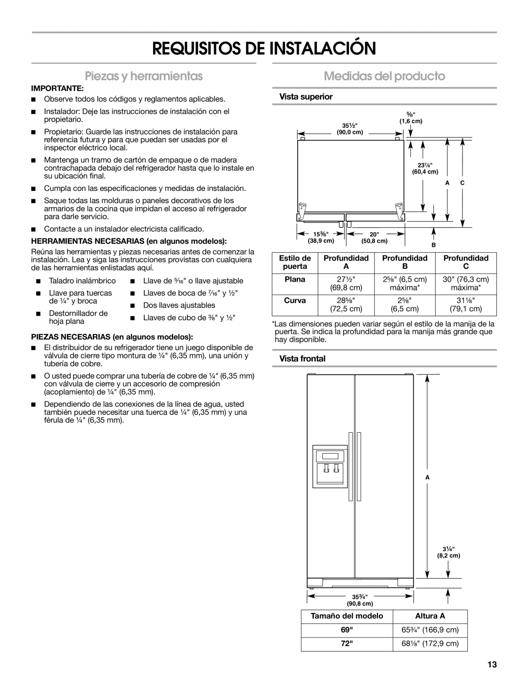 Whirlpool W10168334B Requisitos DE Instalación, Piezas y herramientas, Medidas del producto, Vista superior, Vista frontal 