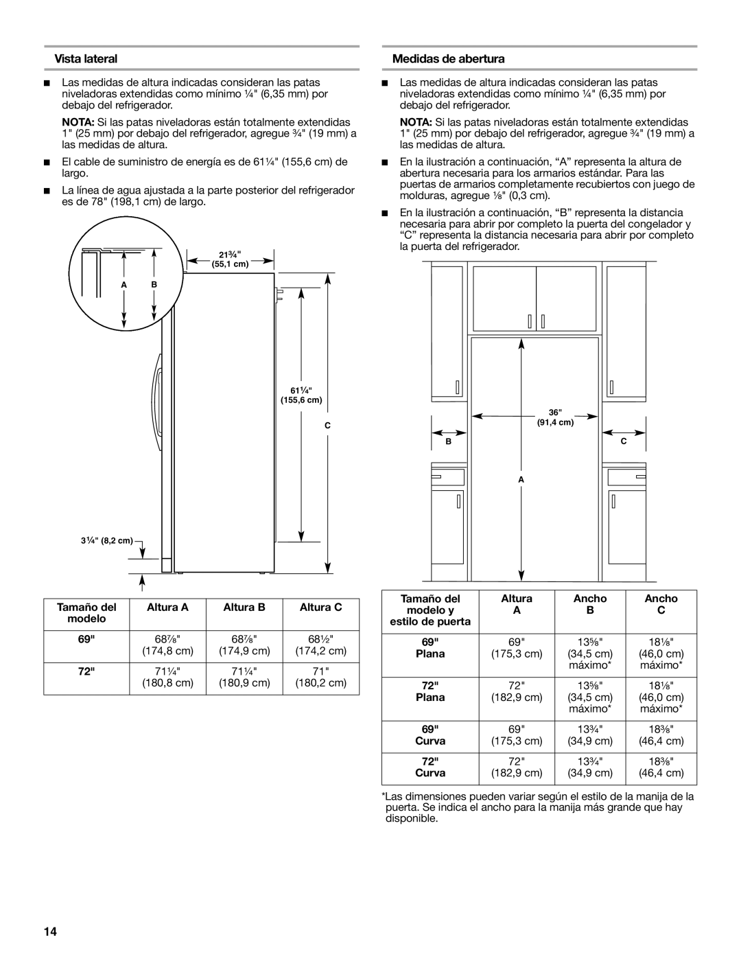 Whirlpool W10168334B Vista lateral Medidas de abertura, Tamaño del Altura a Altura B Altura C Modelo, Curva 