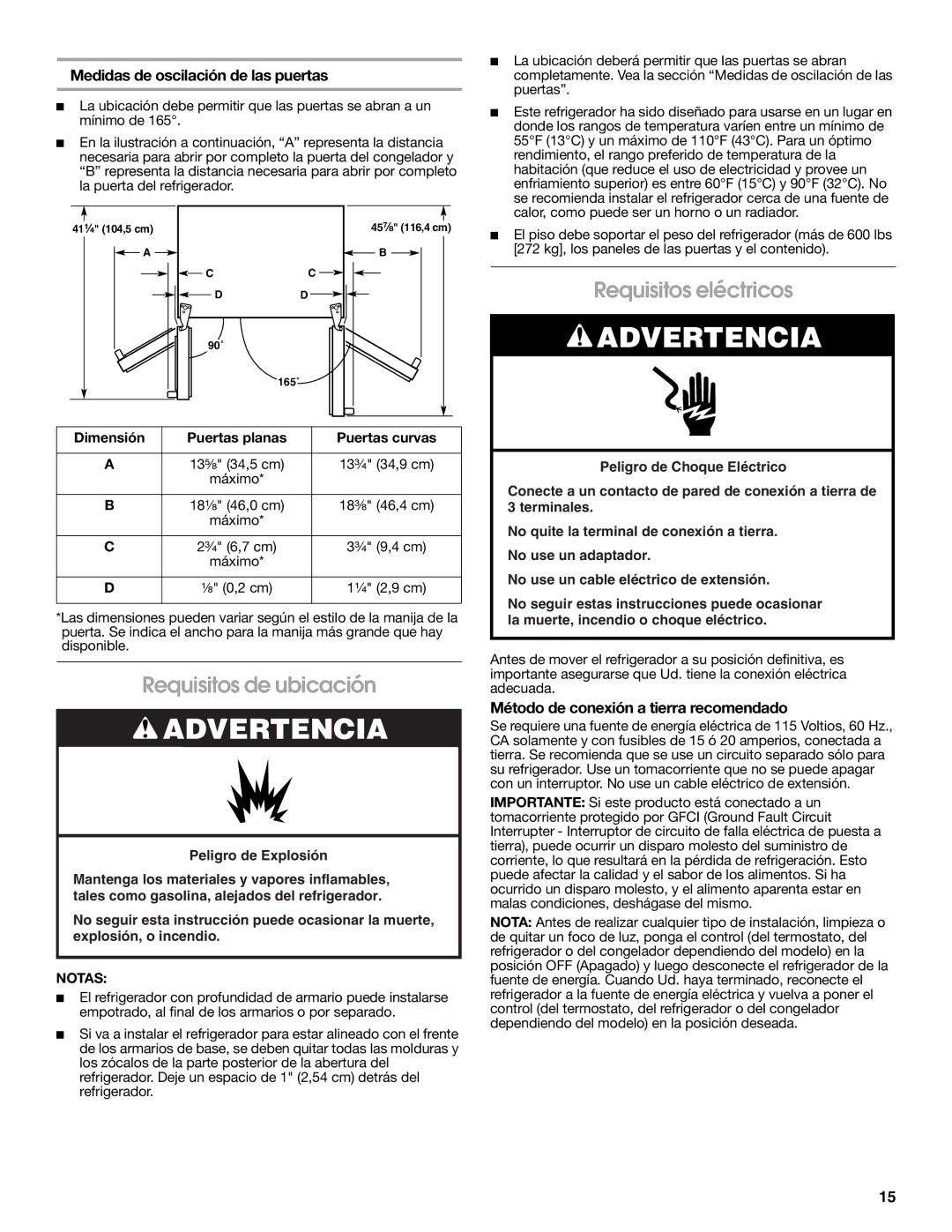 Whirlpool W10168334B Requisitos de ubicación, Requisitos eléctricos, Medidas de oscilación de las puertas, Notas 