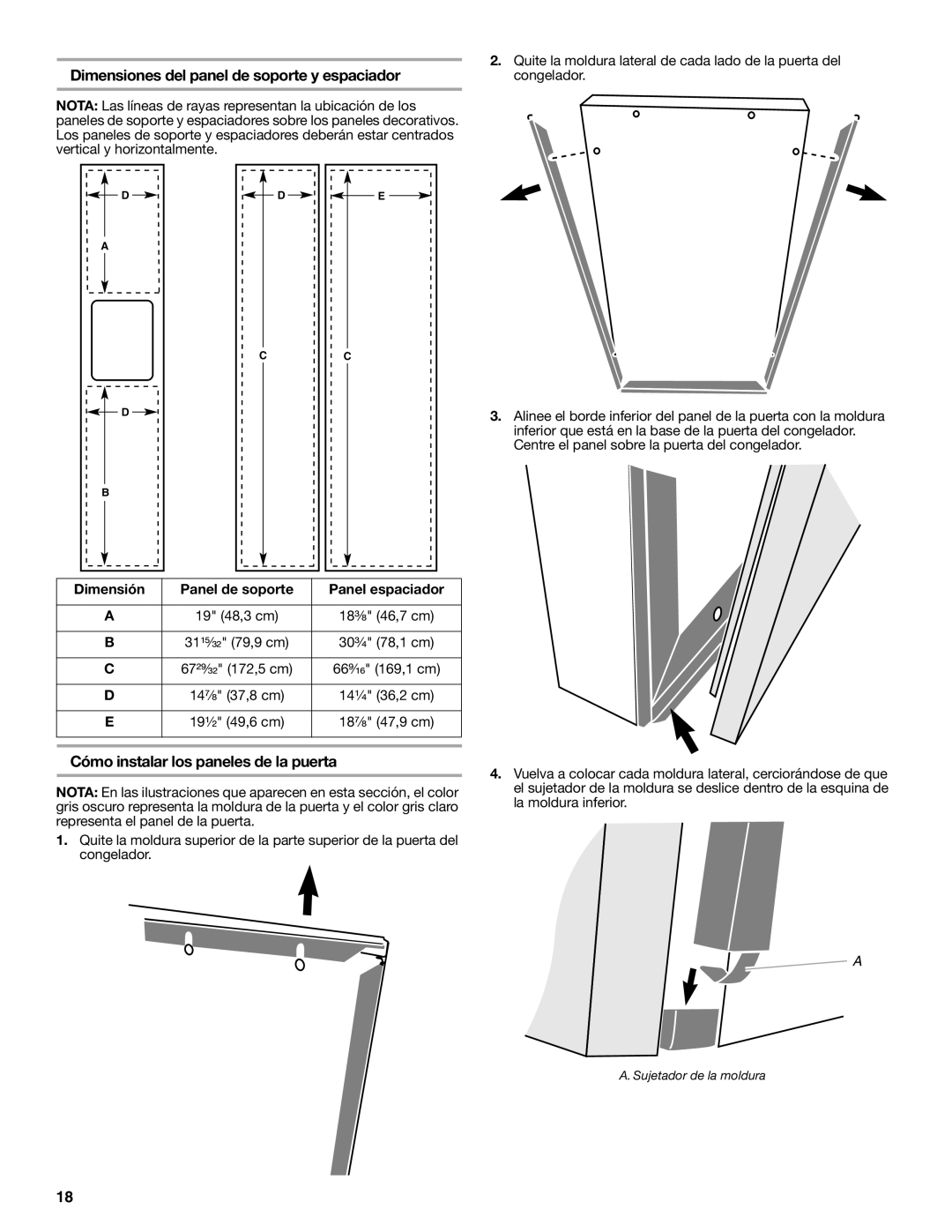 Whirlpool W10168334B Dimensiones del panel de soporte y espaciador, Cómo instalar los paneles de la puerta 