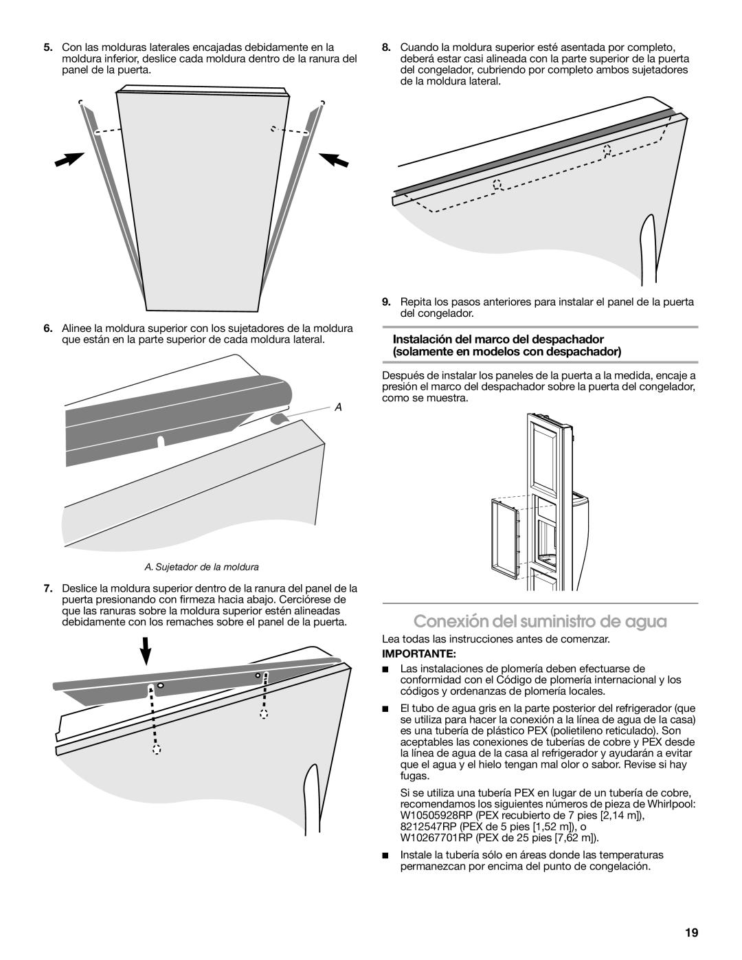 Whirlpool W10168334B installation instructions Conexión del suministro de agua, Importante 