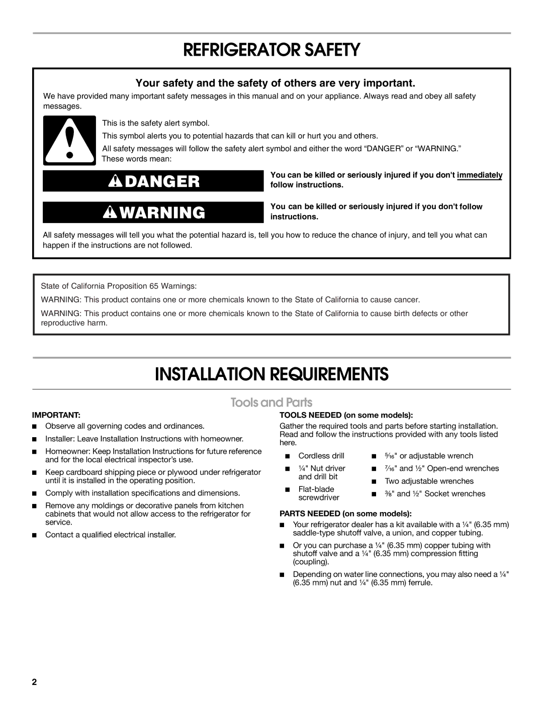 Whirlpool W10168334B Refrigerator Safety, Installation Requirements, Tools and Parts, Tools Needed on some models 