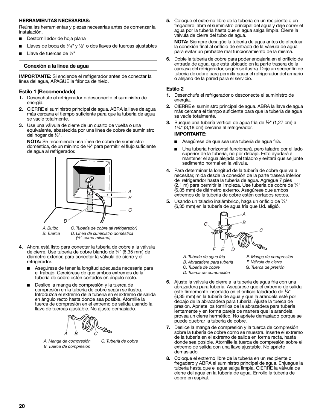 Whirlpool W10168334B installation instructions Conexión a la línea de agua, Estilo 1 Recomendado 