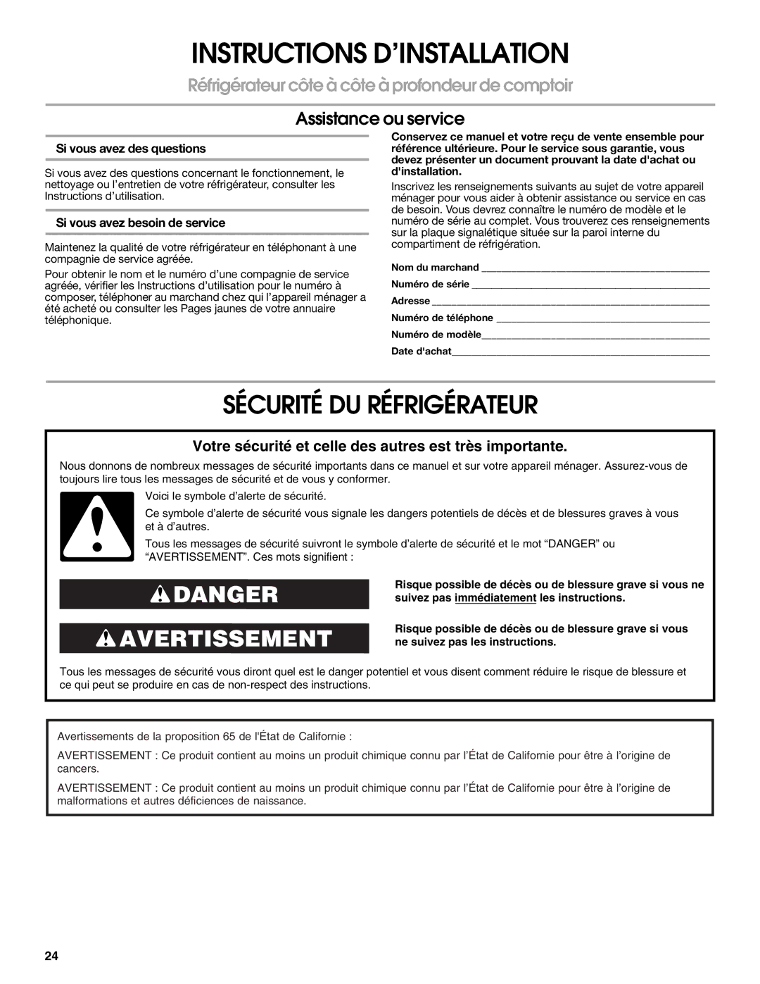 Whirlpool W10168334B Sécurité DU Réfrigérateur, Si vous avez des questions, Si vous avez besoin de service 