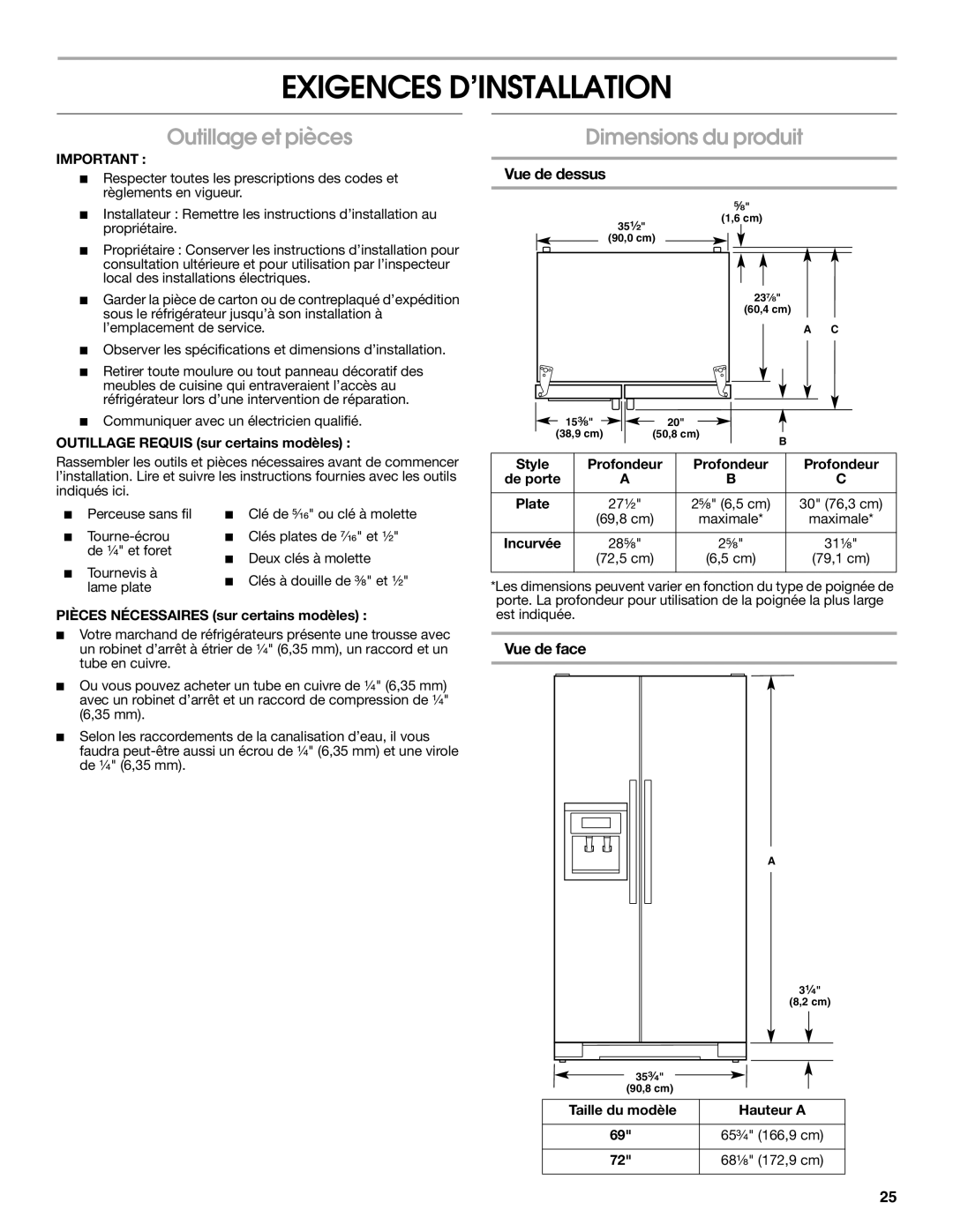 Whirlpool W10168334B Exigences D’INSTALLATION, Outillage et pièces Dimensions du produit, Vue de dessus, Vue de face 