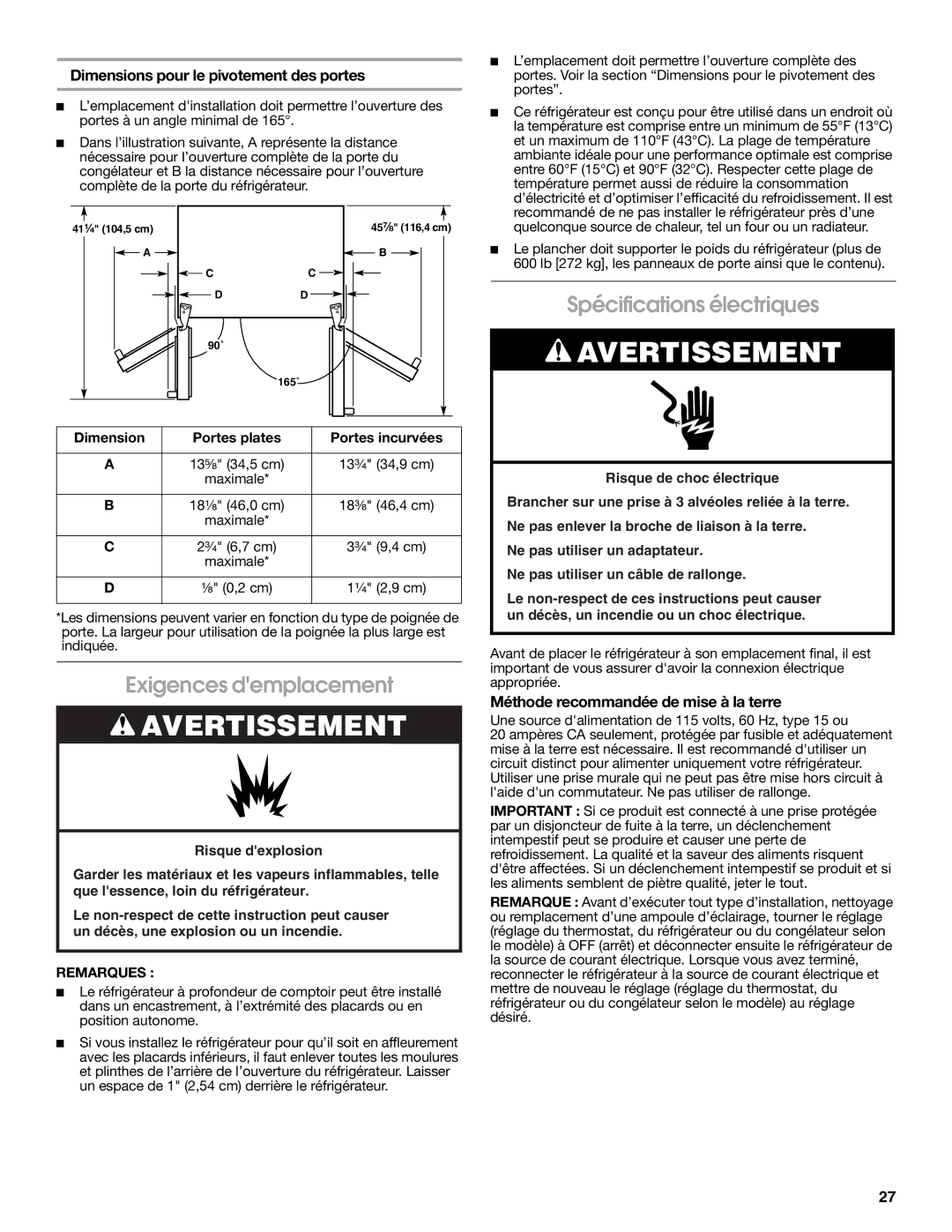 Whirlpool W10168334B Exigences demplacement, Spécifications électriques, Dimensions pour le pivotement des portes 