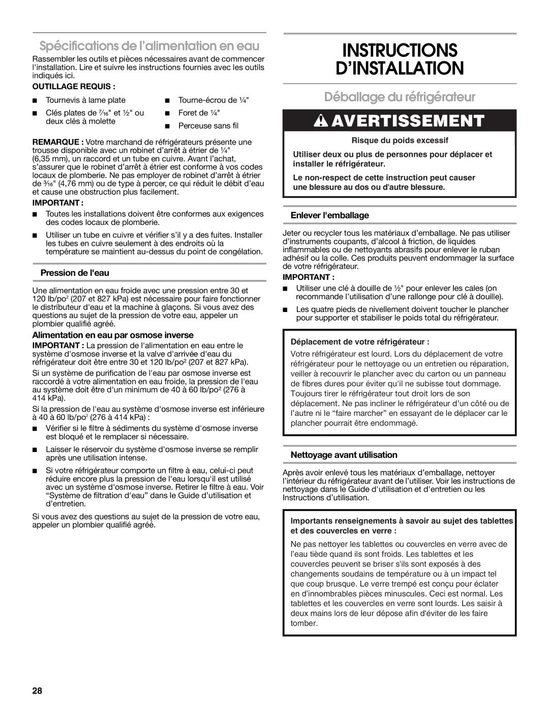 Whirlpool W10168334B Instructions ’INSTALLATION, Spécifications de l’alimentation en eau, Déballage du réfrigérateur 