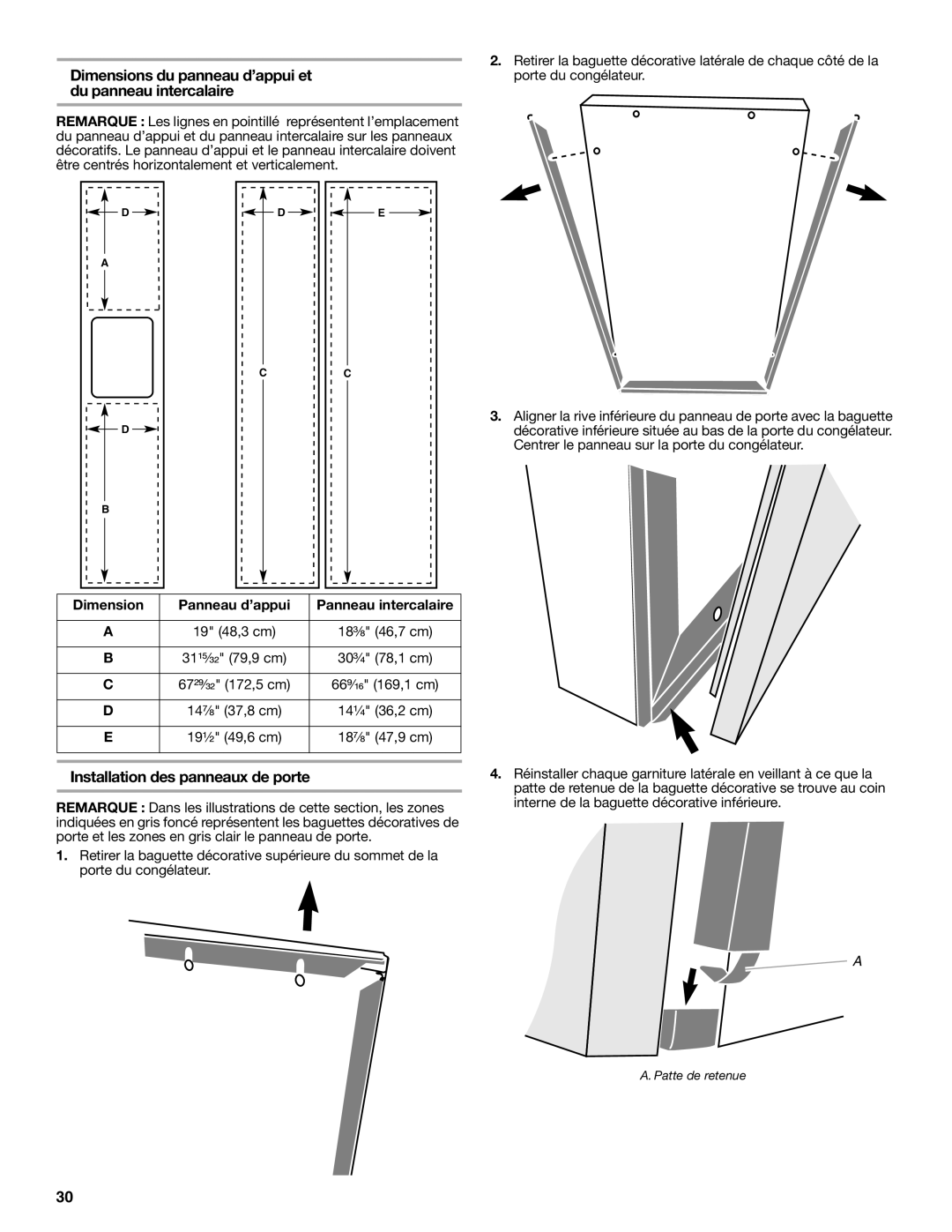 Whirlpool W10168334B Dimensions du panneau d’appui et du panneau intercalaire, Installation des panneaux de porte 