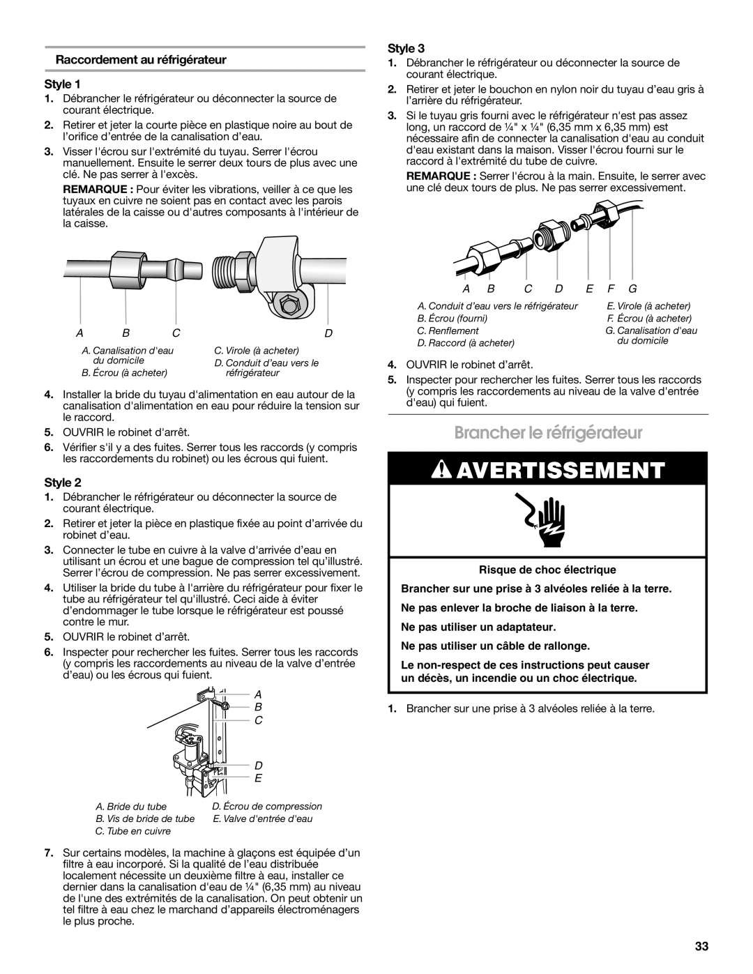 Whirlpool W10168334B installation instructions Brancher le réfrigérateur, Raccordement au réfrigérateur Style 