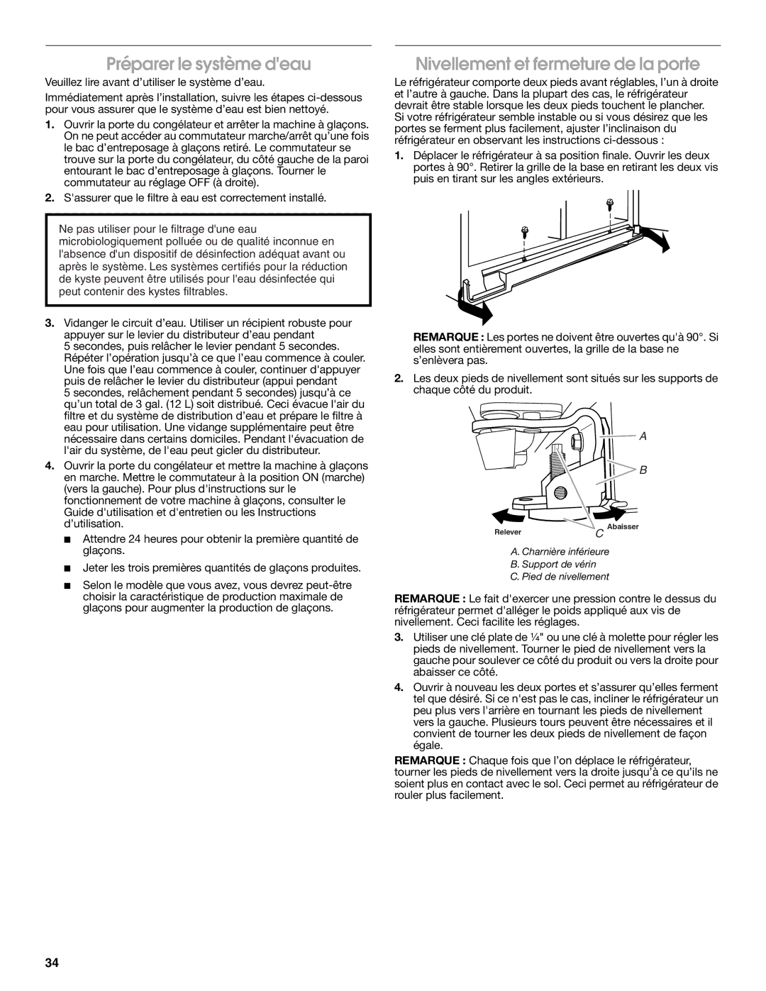 Whirlpool W10168334B installation instructions Préparer le système deau, Nivellement et fermeture de la porte 