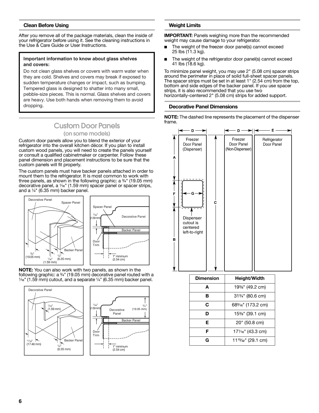 Whirlpool W10168334B Custom Door Panels, Clean Before Using, Weight Limits, Decorative Panel Dimensions 