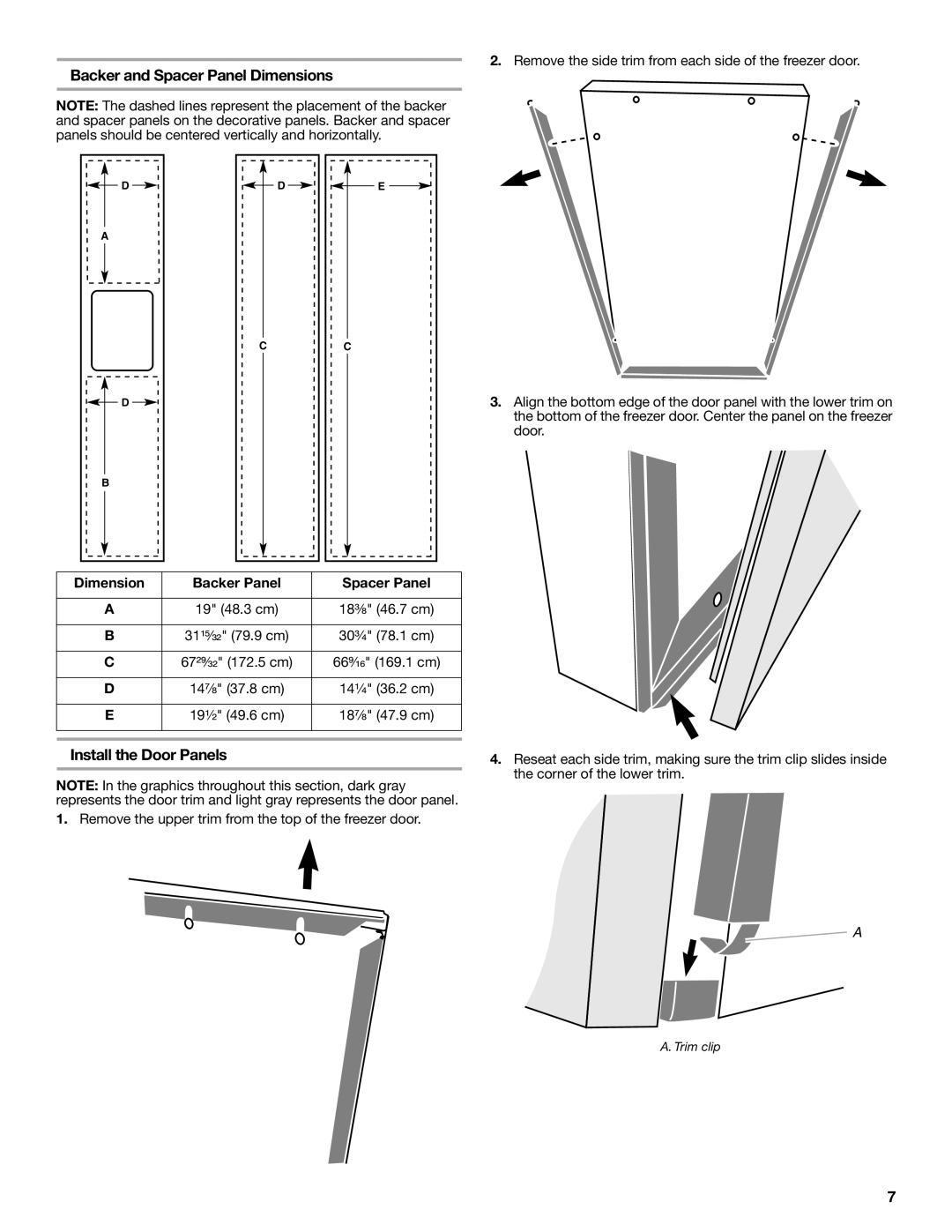 Whirlpool W10168334B Backer and Spacer Panel Dimensions, Install the Door Panels, Dimension Backer Panel Spacer Panel 