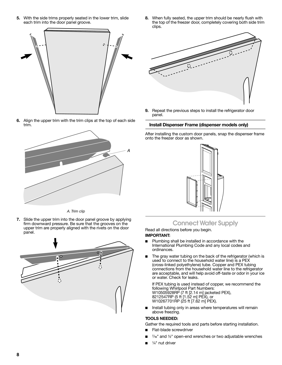 Whirlpool W10168334B installation instructions Connect Water Supply, Install Dispenser Frame dispenser models only 