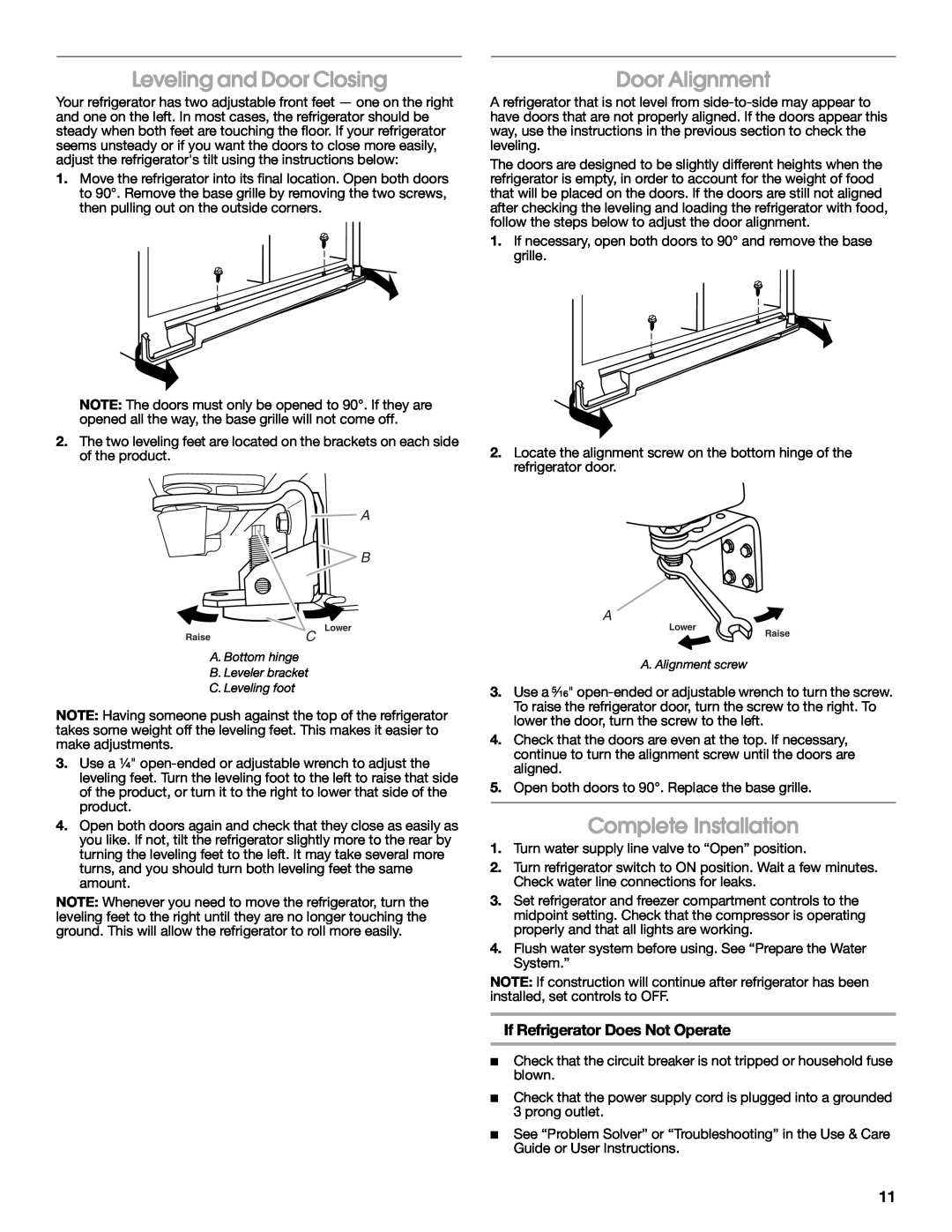 Whirlpool W10168334B Leveling and Door Closing, Door Alignment, Complete Installation, If Refrigerator Does Not Operate 