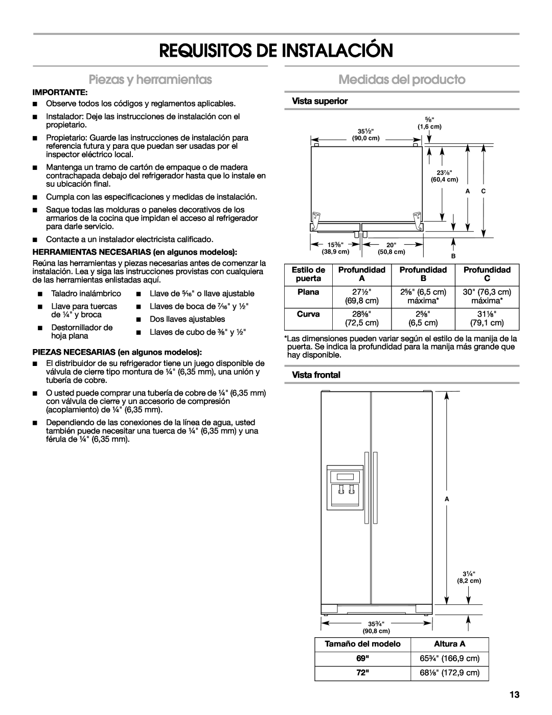 Whirlpool W10168334B Requisitos De Instalación, Piezas y herramientas, Medidas del producto, Vista superior, Vista frontal 