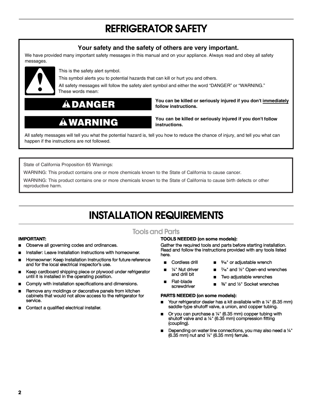 Whirlpool W10168334B installation instructions Refrigerator Safety, Installation Requirements, Danger, Tools and Parts 