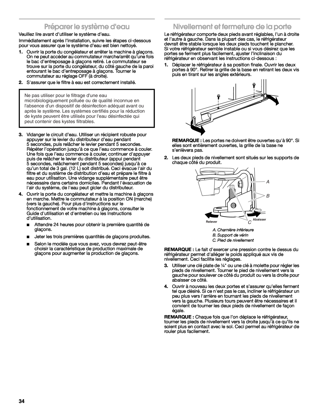Whirlpool W10168334B installation instructions Préparer le système deau, Nivellement et fermeture de la porte 