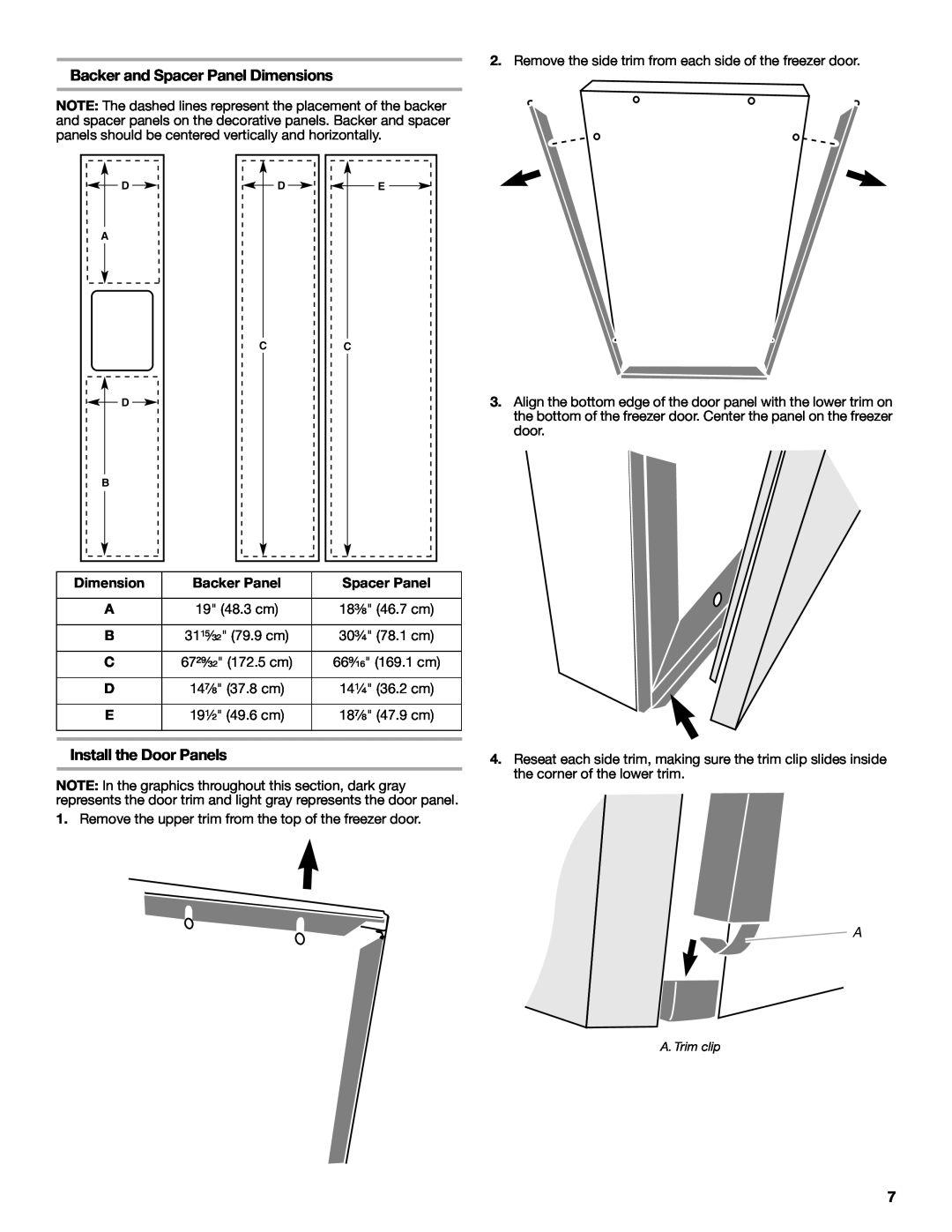 Whirlpool W10168334B installation instructions Backer and Spacer Panel Dimensions, Install the Door Panels, Backer Panel 
