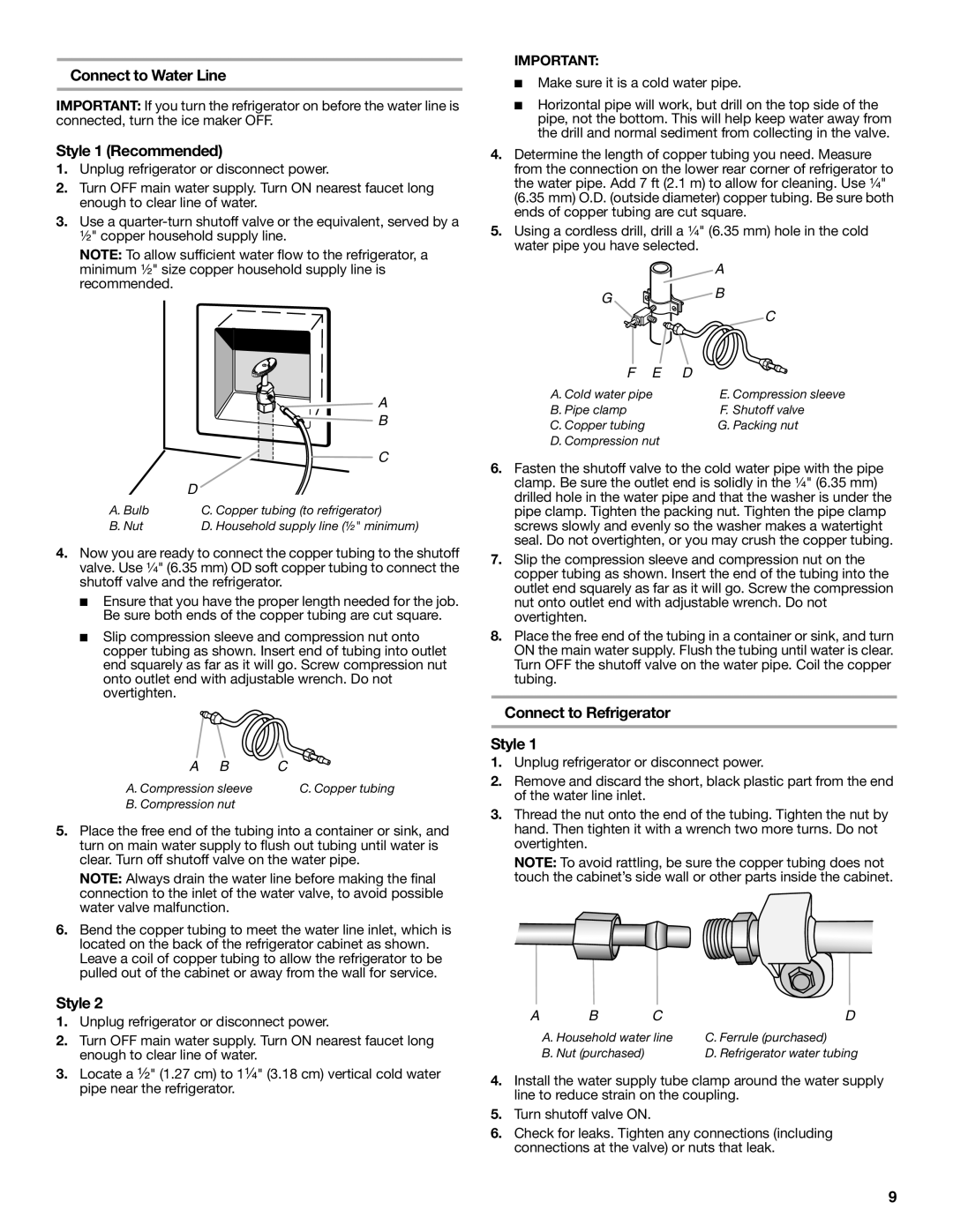 Whirlpool W10168334B installation instructions Connect to Water Line, Style 1 Recommended, Connect to Refrigerator Style 