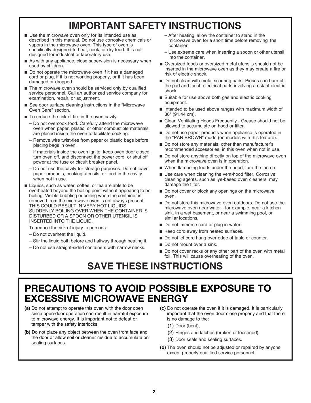 Whirlpool W10170440A Precautions To Avoid Possible Exposure To Excessive Microwave Energy, Important Safety Instructions 